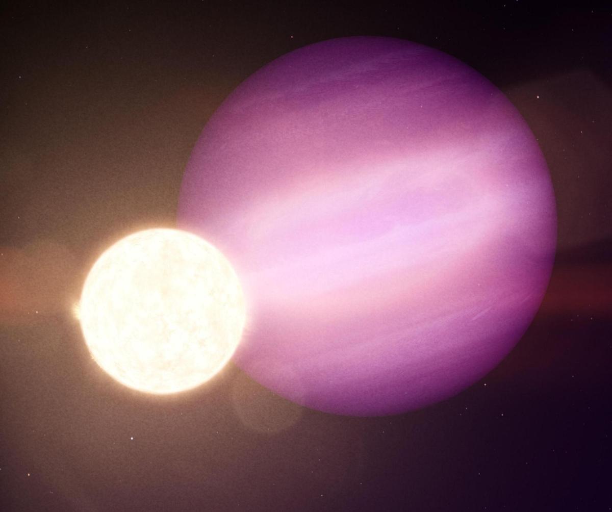 Künstlerische Darstellung des Riesenplaneten WD 1856 b, der sich um einen kleinen, schwach hellen Stern dreht, einen sogenannten weißen Zwerg.