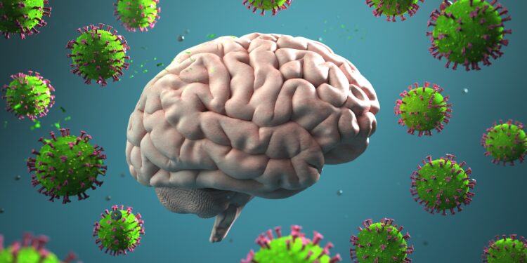 Gehirn im Orbit von einem übergroßen Coronavirus simuliert.