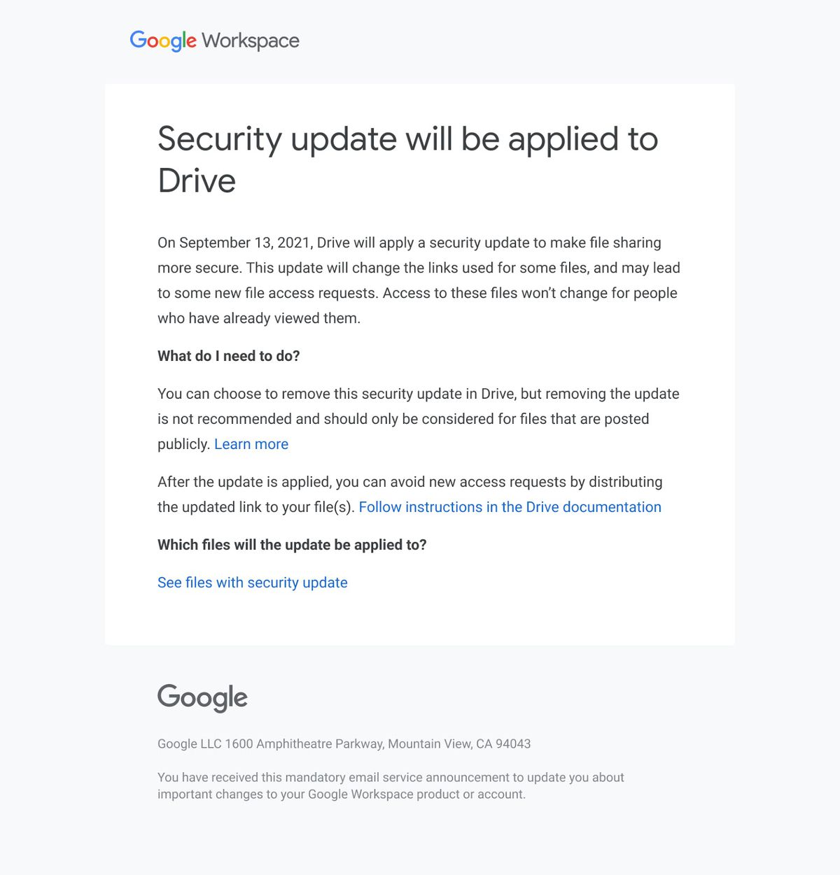 E-Mail mit Sicherheitsupdate für Google Drive