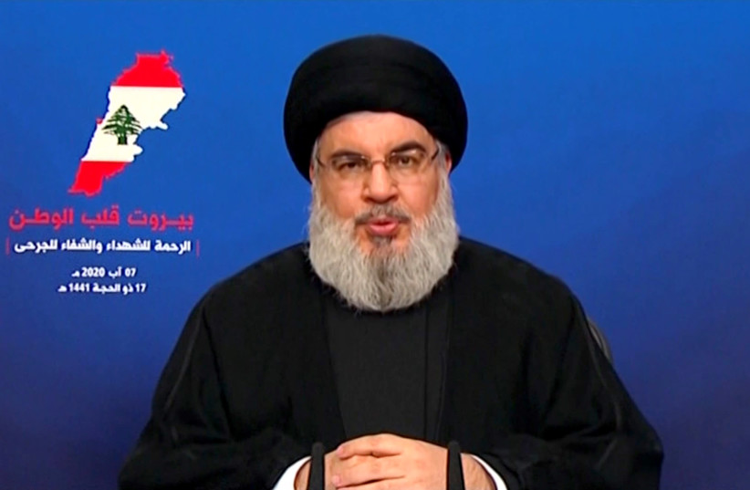 Hisbollah-Führer Sayyed Hassan Nasrallah hält nach der Explosion am Dienstag im Hafengebiet von Beirut, Libanon, 7.