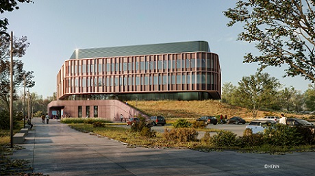 Die Visualisierung zeigt den Entwurf des geplanten Forschungsgebäudes „OPTICUM – Hochschulzentrum Optik und Campus“ der Leibniz Universität Hannover.  Der Entwurf stammt vom internationalen Architekturbüro Henn.  Mit freundlicher Genehmigung von Henne.