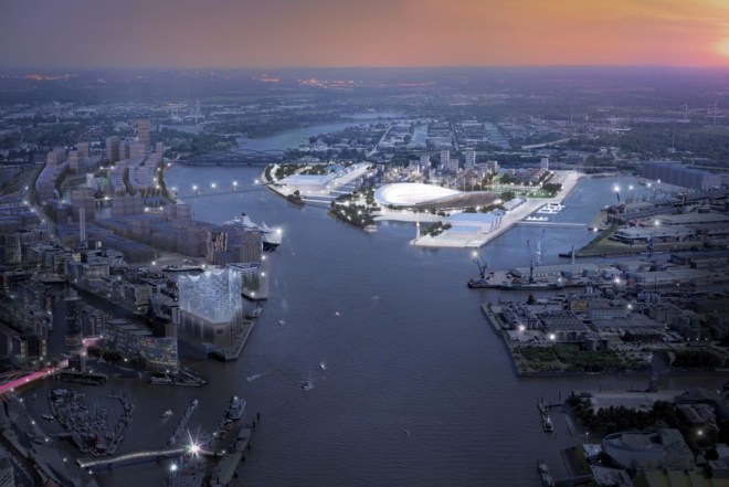 Eine Konzeptzeichnung der Olympiastadt Hamburg 2024 (Bildnachweis: DOSB)