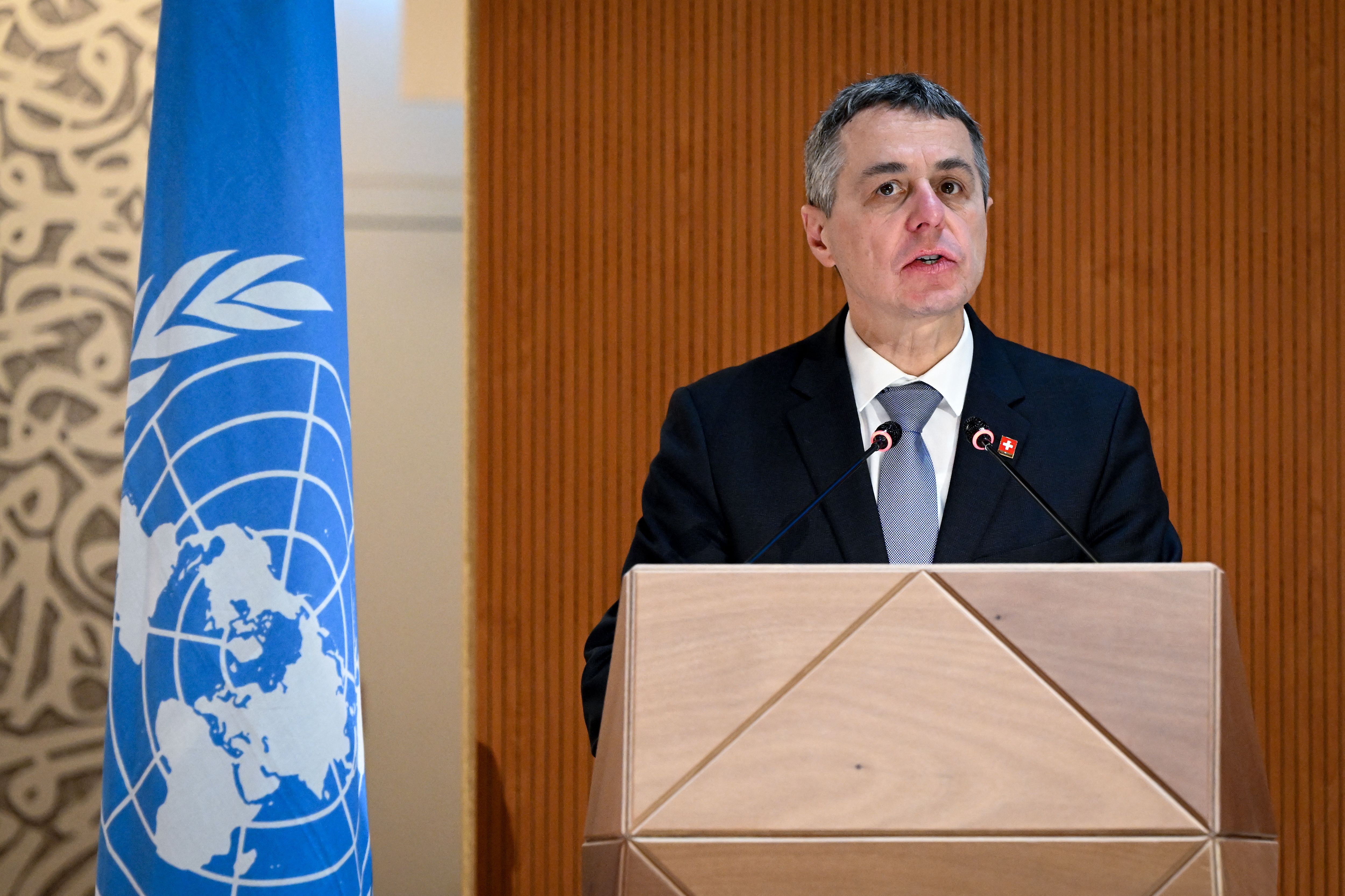 Der Schweizer Präsident Ignazio Cassis hält eine Rede bei der Eröffnung einer Sitzung des UN-Menschenrechtsrates am 28. Februar in Genf, Schweiz.