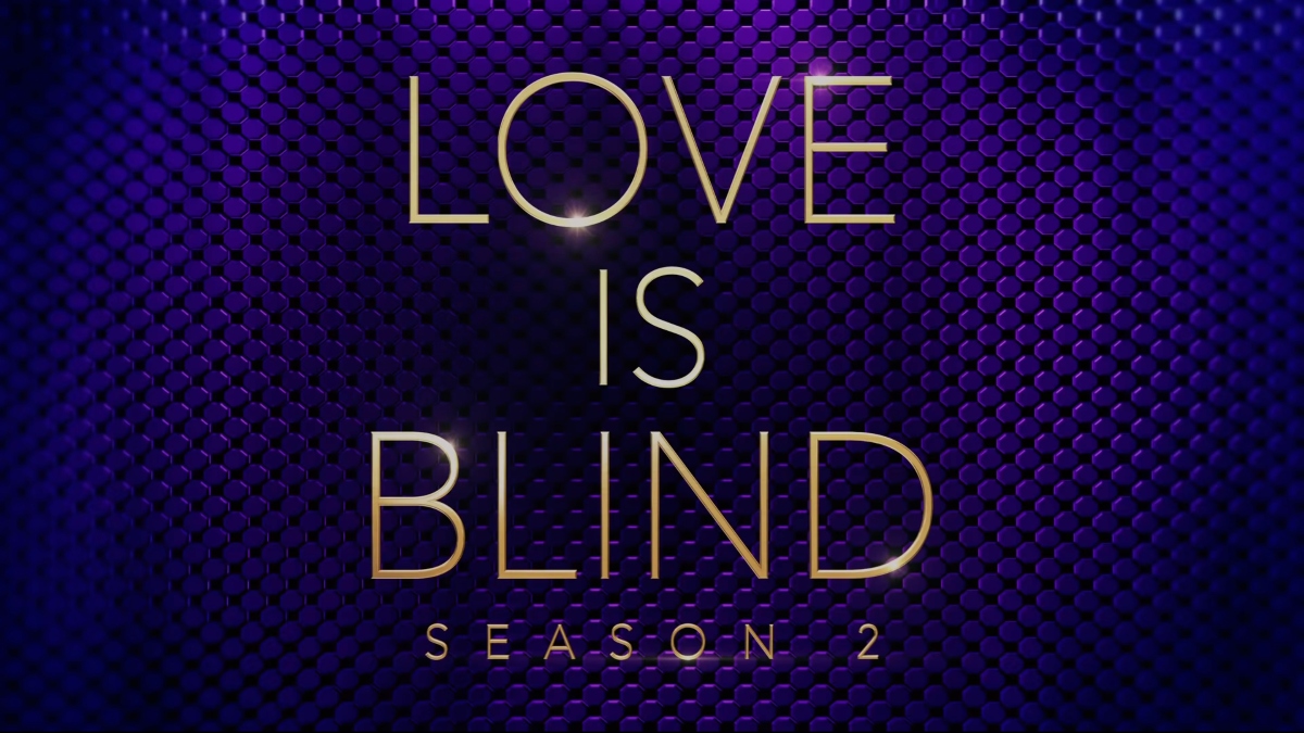 Netflix 'Love Is Blind' Staffel 2 Titelkarte auf violettem Hintergrund.
