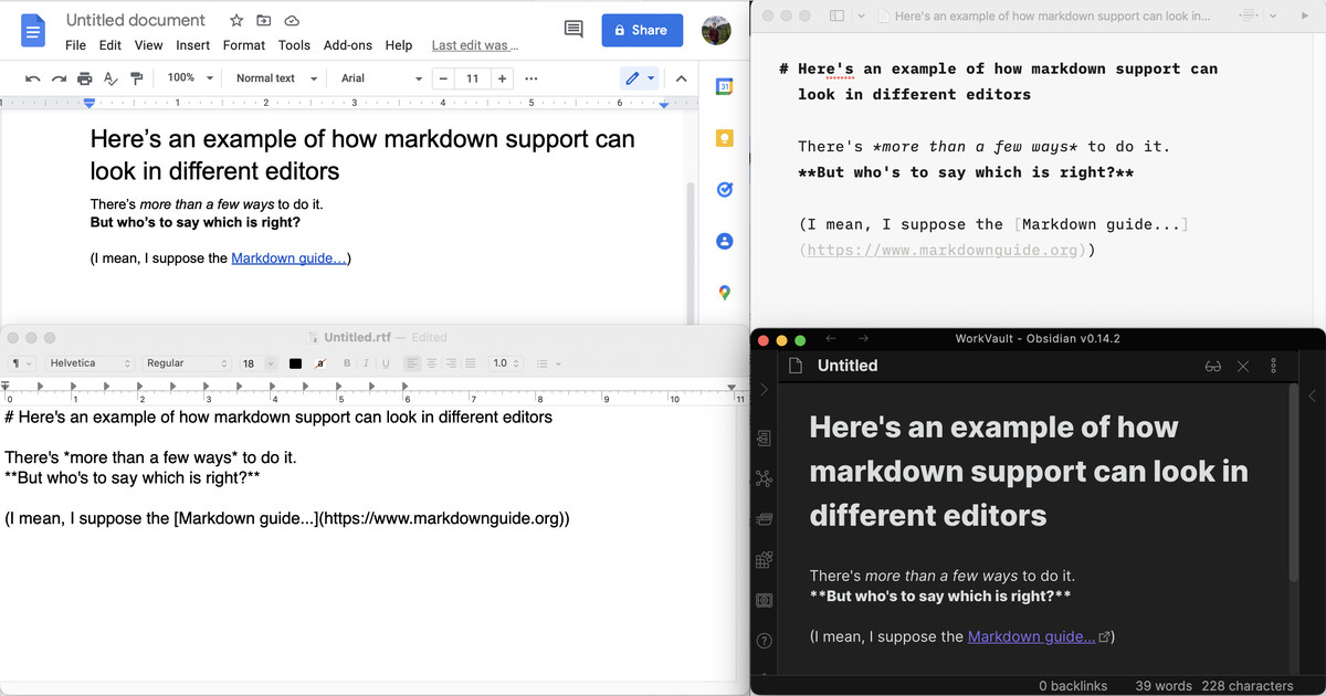 Ein Screenshot, wie Google Docs, IA Writer, TextEdit.app und Obsidian mit der Markdown-Textanzeige umgehen.