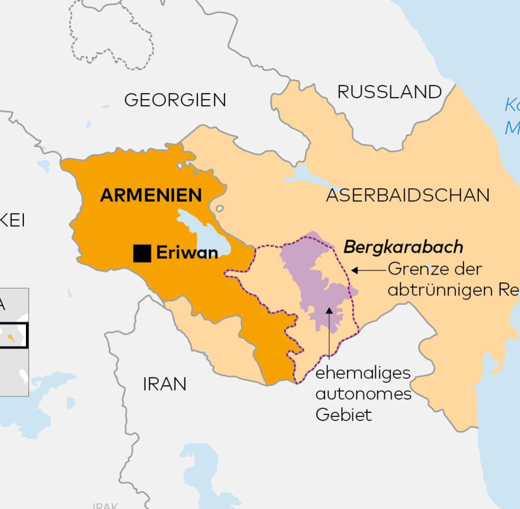 Der Standort der Region Berg-Karabach im Kaukasus.  Von 1923 bis 1991 bestand es als autonome Zone