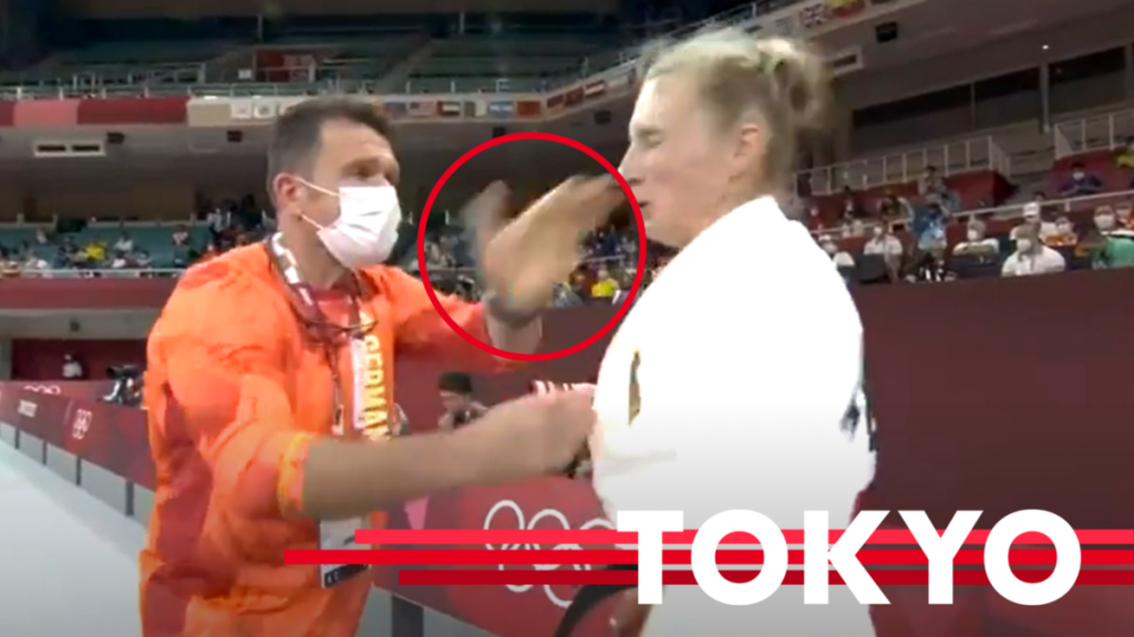 Olympische Spiele in Tokio 2020: Trainer schlägt die deutsche Judo-Athletin Martyna Trajdos vor dem Spiel im Live-TV