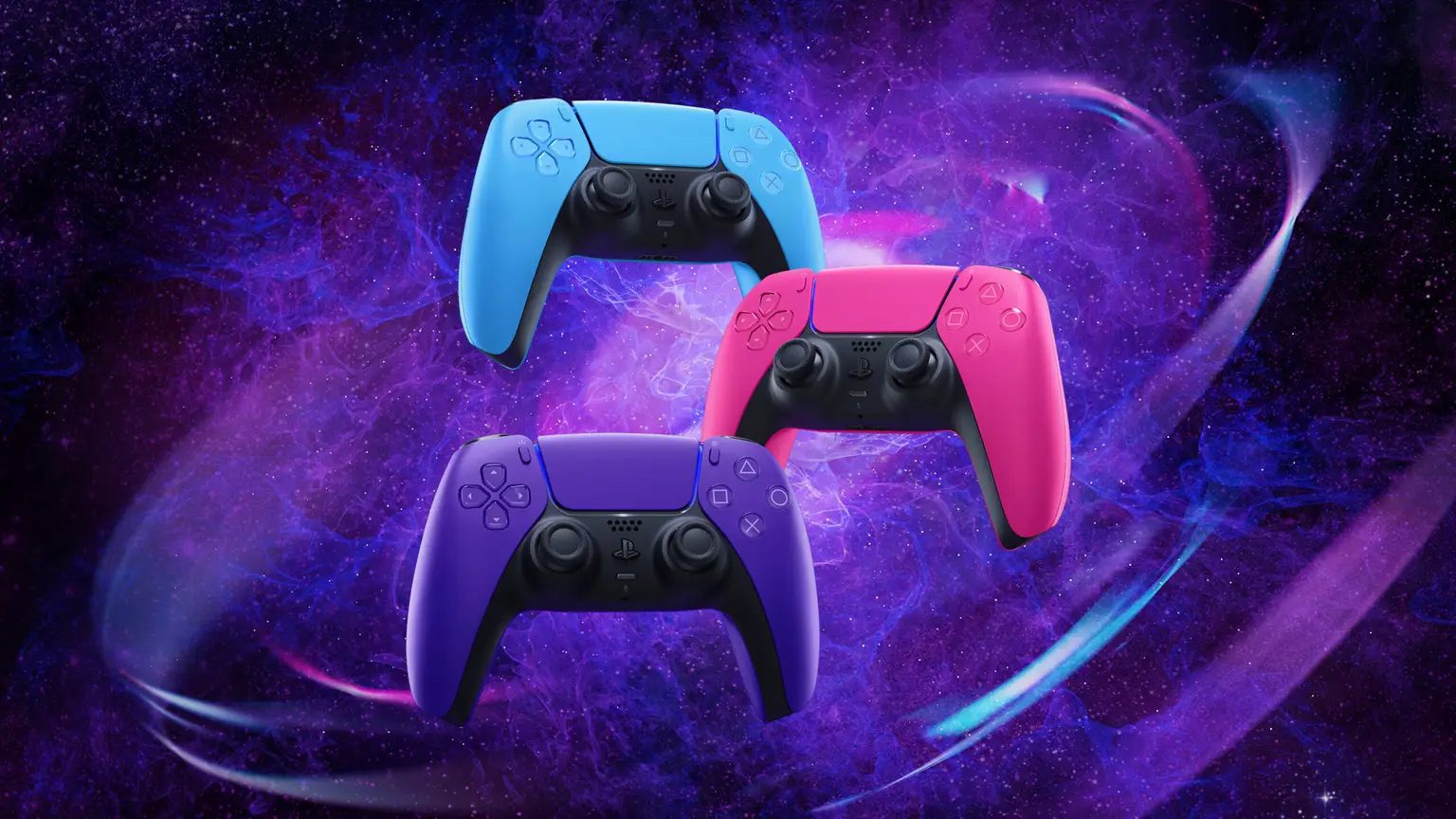 DualSense-Controller in Nova Pink, Starlight Blue und Galactic Purple