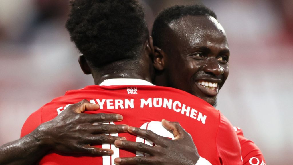Sadio Mane celebrates his first official goal for bayern Munich