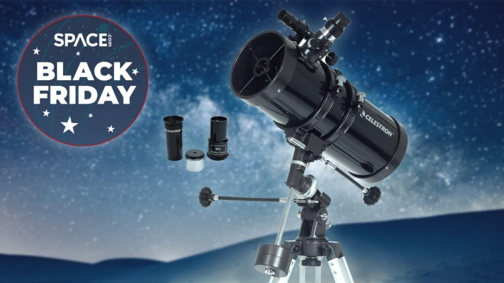 Celestron powerseeker 127eq image in front of a starry sky and a black friday deal logo