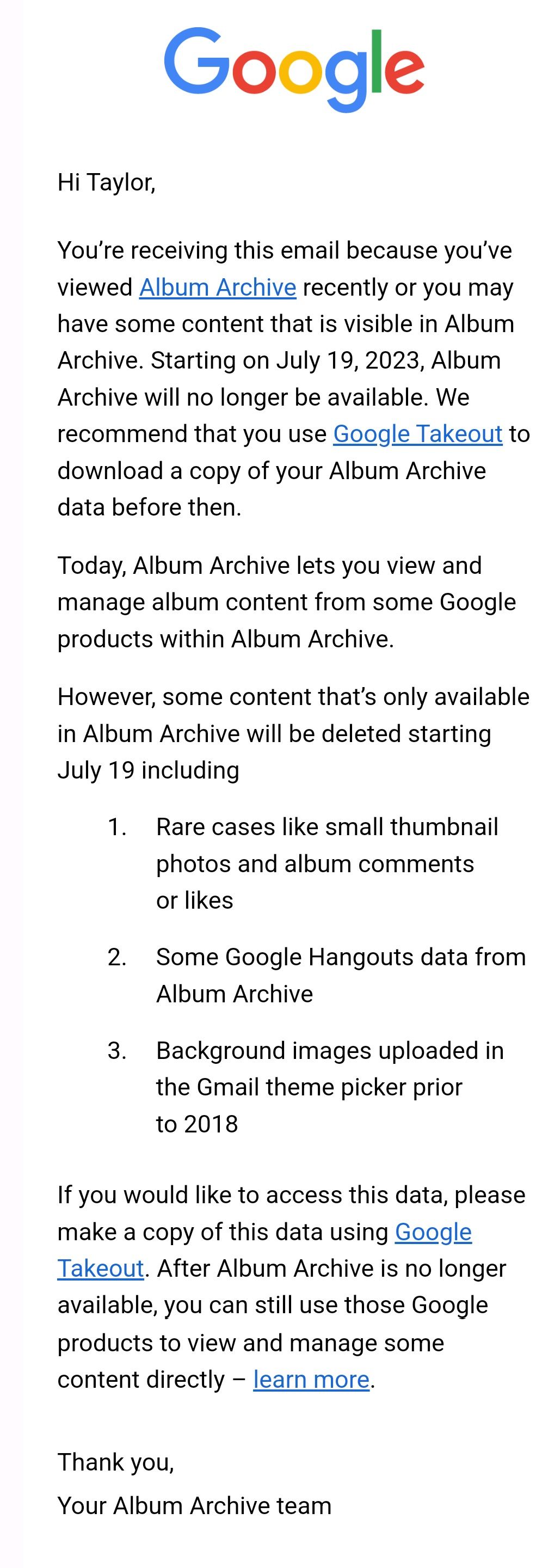 E-Mail des Google-Albumarchivs
